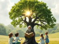 Седой мудрец в окружении детей читает старинную книгу под деревом.