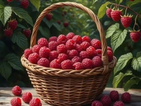 Спелые ягоды малины в плетёной корзине