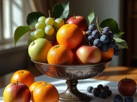 Серебряная ваза с фруктами: апельсины, яблоки, виноград.