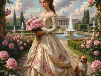 Молодая девушка в изысканном платье с розами в руках в саду с собачкой