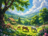 Зелёная долина с коровами, пасущимися на лугу