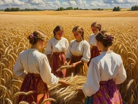 Девушки в традиционных нарядах связывают снопы в пшеничном поле