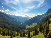 Солнечная долина с зелёными горами, цветущими лугами и ярким небом