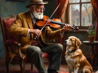 Пожилой мужчина в шляпе и очках сидит в кресле и играет на скрипке