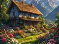Домик с цветочным садом на фоне величественных гор