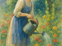 Девушка  с белым платком на голове, поливает цветы из лейки