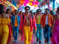 Молодой человек в жёлтых брюках и розовой рубашке в ярком коридоре