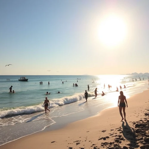 Летний пляж, море, счастливые люди