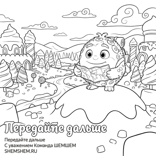 Раскраска: Бламбуля с рюкзаком и картой в руках стоит на вершине холма