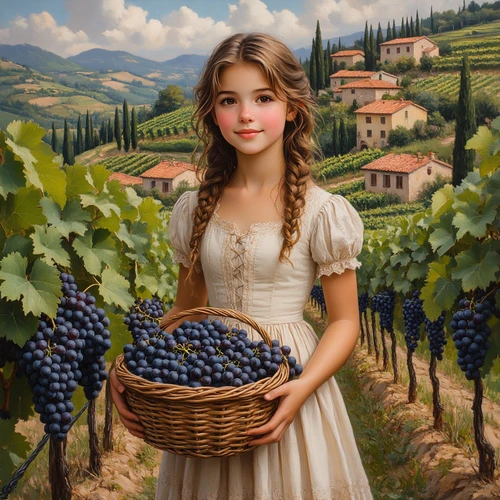 Девушка в светлом платье собирает виноград в итальянском винограднике