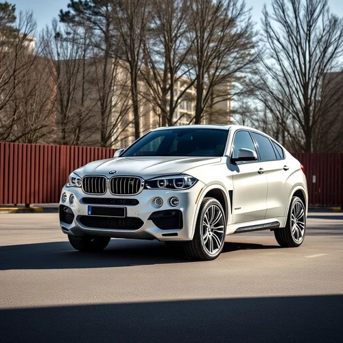 BMW X6 крупным планом на фоне деревьев и зданий