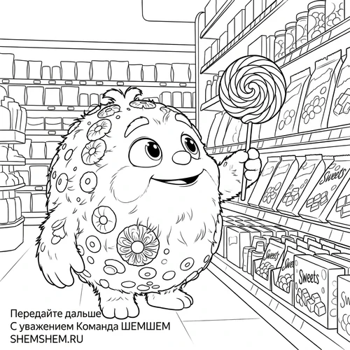 Раскраска: Бламбуля с леденцом в магазине сладостей