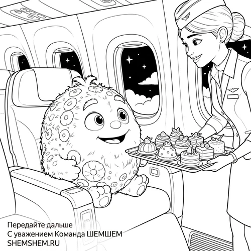 Раскраска: Бламбуля в самолете, а стюардесса приносит ему пирожные