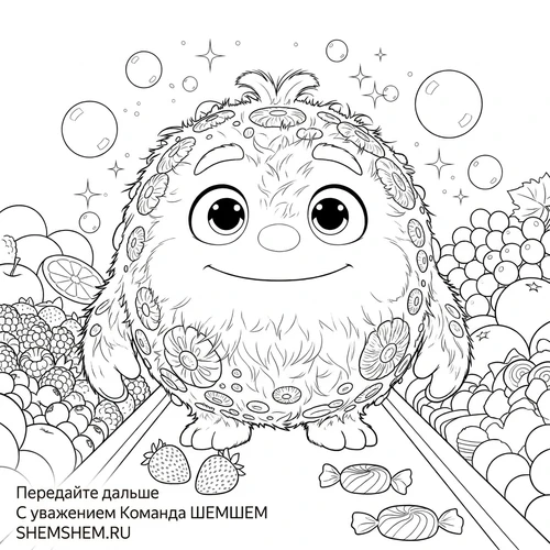 Раскраска: Бламбуля среди фруктов и ягод на кассе магазина
