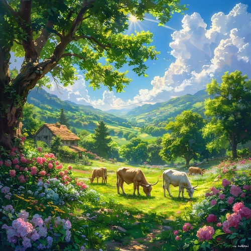 Зелёная долина с коровами, пасущимися на лугу