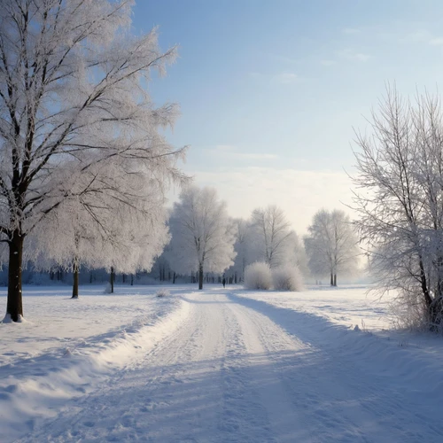 Зимний пейзаж: заснеженная дорога уходит вдаль