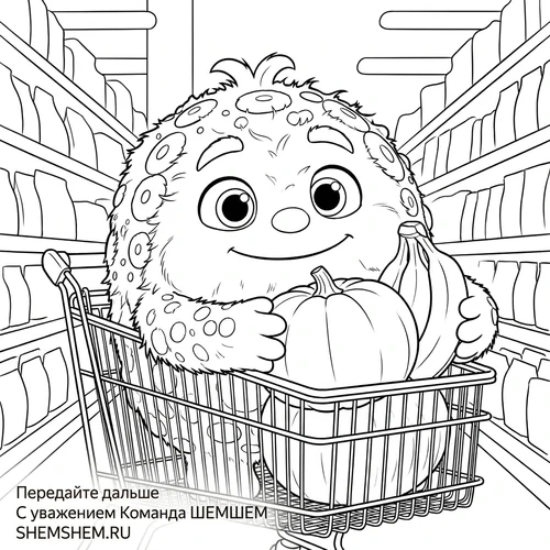 Раскраска: Бламбуля в тележке с тыквой и бананами