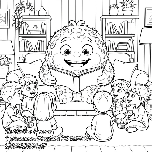 Раскраска: Бламбуля читает книгу детям, сказки ШЕМШЕМ