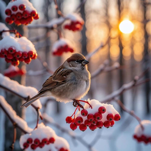 Воробей на ветке рябины зимой