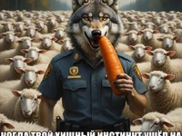Волк в форме охранника в руке морковь охраняет стадо овец