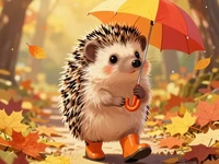Милый ежик с зонтиком в осеннем лесу