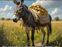 Мем с ослом, навьюченным золотыми монетами