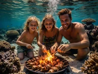 Счастливая семья с тремя детьми пытается пожарить шашлык под водой