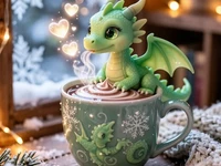 Дракончик с сердечками в чашке какао