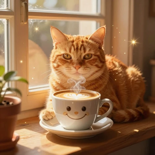 Кот, кофе и солнечное утро