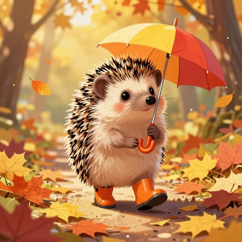 Милый ежик с зонтиком в осеннем лесу