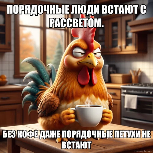 Мем с петухом с чашкой кофе