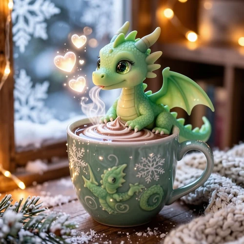 Дракончик с сердечками в чашке какао