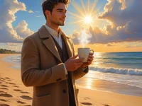 Человек в пальто летом на пляже