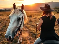 Закат, женщина, лошадь