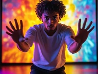 Молодой человек в белой футболке на фоне яркого неонового экрана