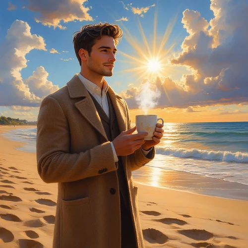 Человек в пальто летом на пляже