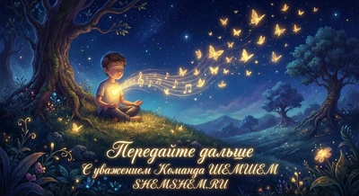 Мальчик излучает золотую музыку из своего сердца в ночном лесу