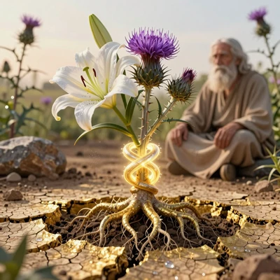 Лилия и сорняк, растущие из одного корня: единство красоты и защиты.