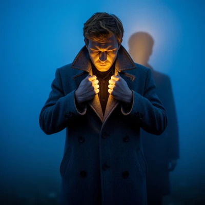 Сияние из-под пальто в ночном тумане.