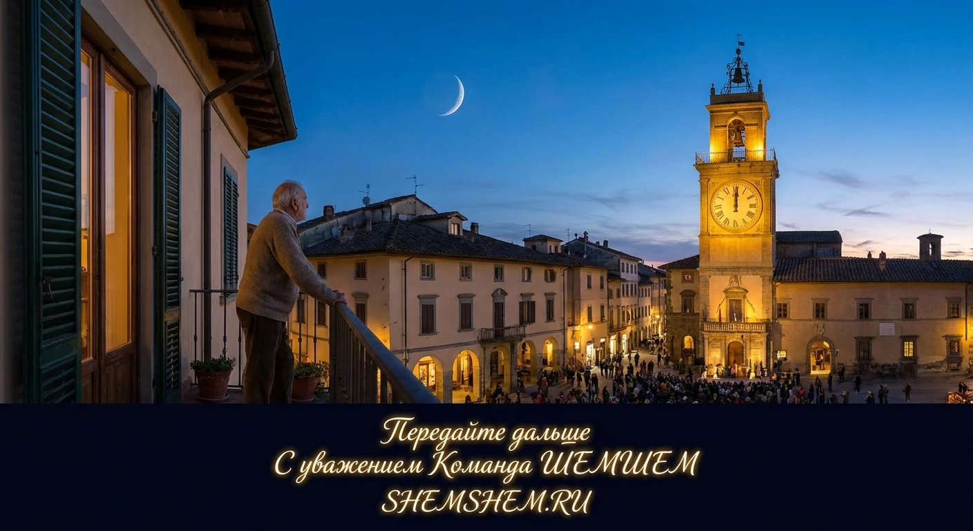 Мудрец на балконе в сумерках смотрит на тонкий серп новой луны на фоне башни с фальшивыми часами