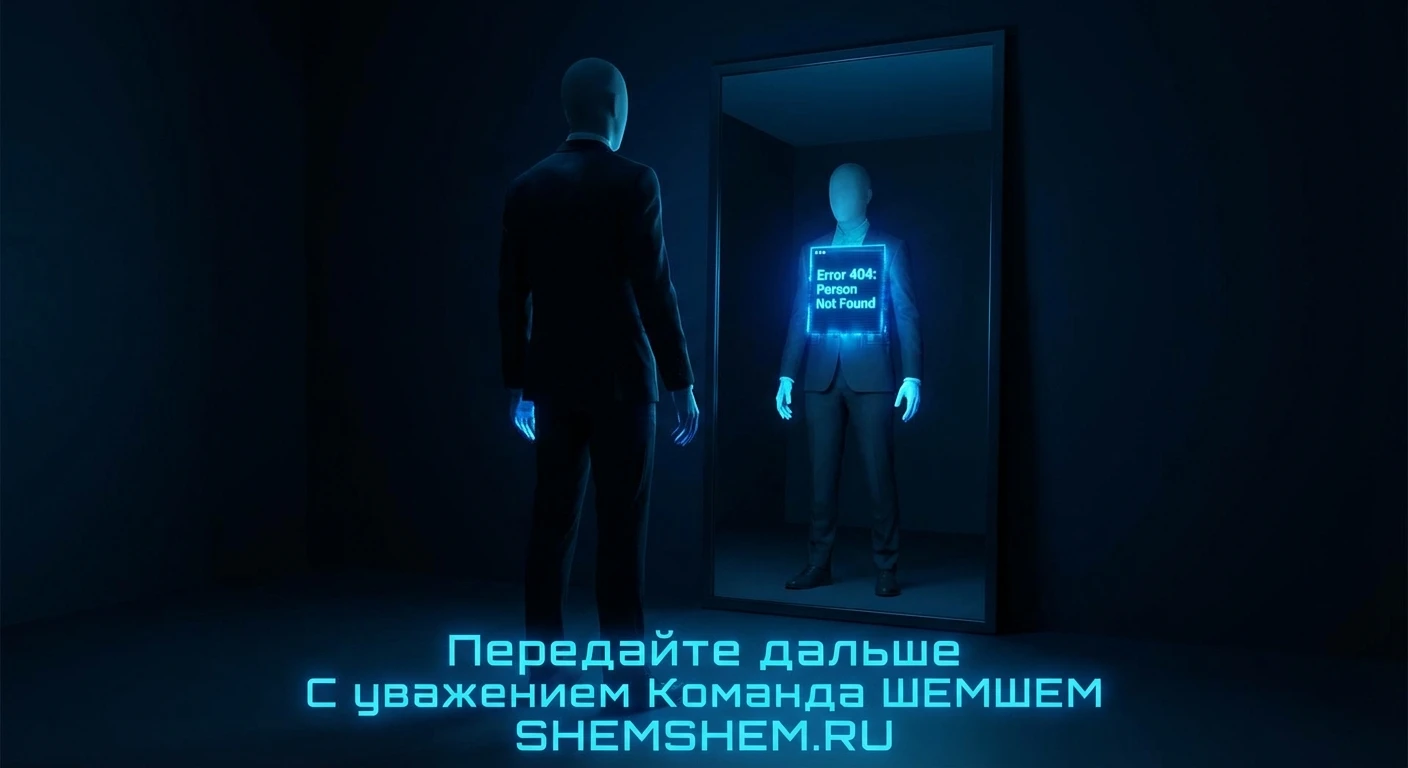 Человек с цифровым экраном вместо сердца и ошибкой 404, символизирующий потерю личности в погоне за одобрением
