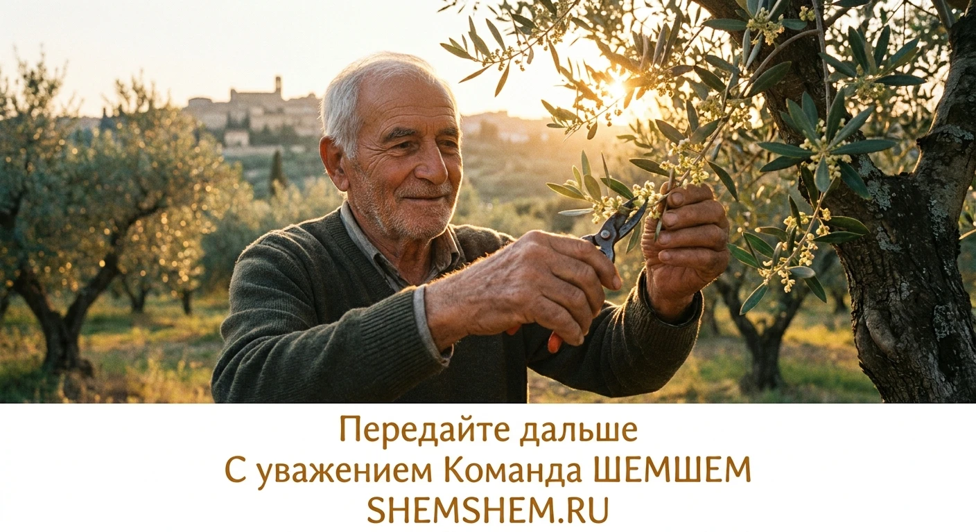 Садовник улыбается и ухаживает за оливковым деревом в солнечном древнем саду
