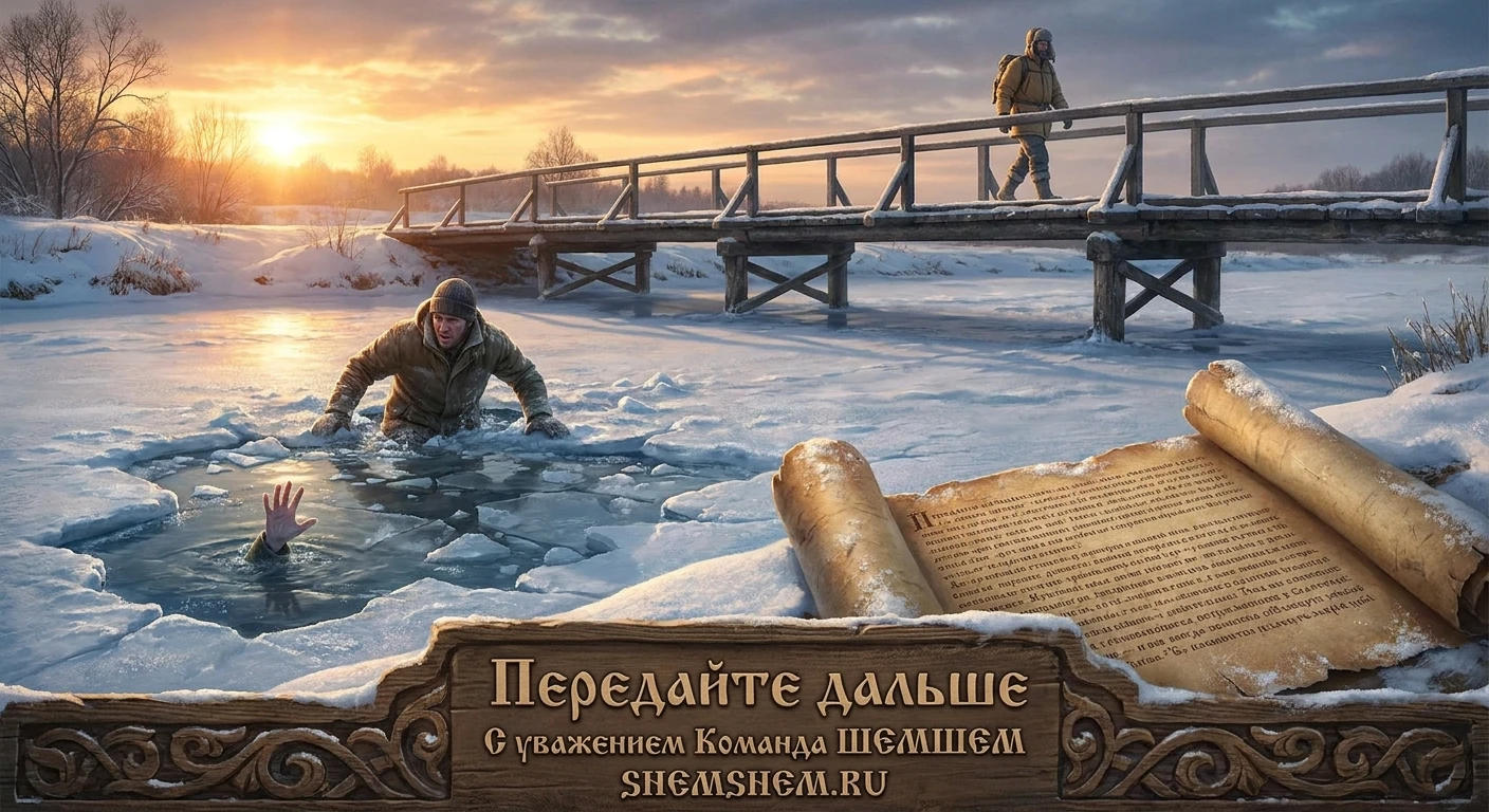 Три брата у зимней реки: один на мосту, двое в ледяной воде, на переднем плане свиток