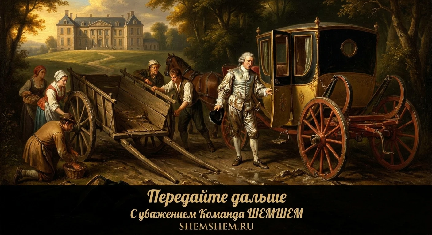 Человек в дорогой одежде пытается починить сломанную повозку на ночной дороге, аллегория не своего дела