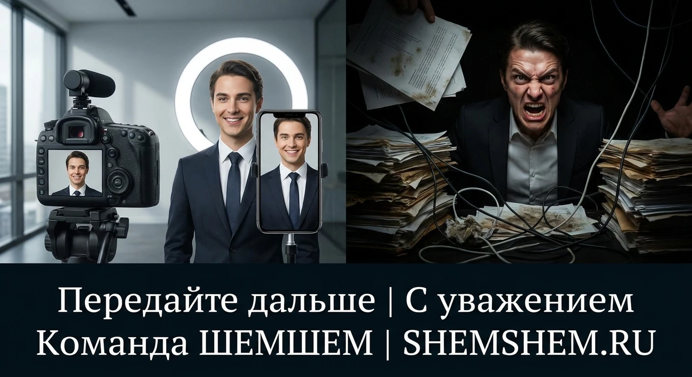 Контраст между идеальным образом блогера-наставника и его реальным лицом за кадром во время технического сбоя