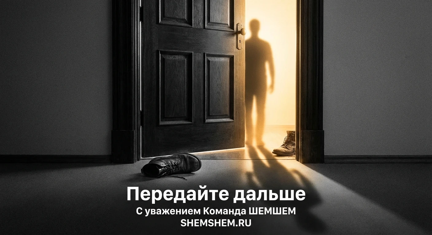Полуоткрытая дверь в светлое помещение, тень человека у порога, один башмак оставлен снаружи