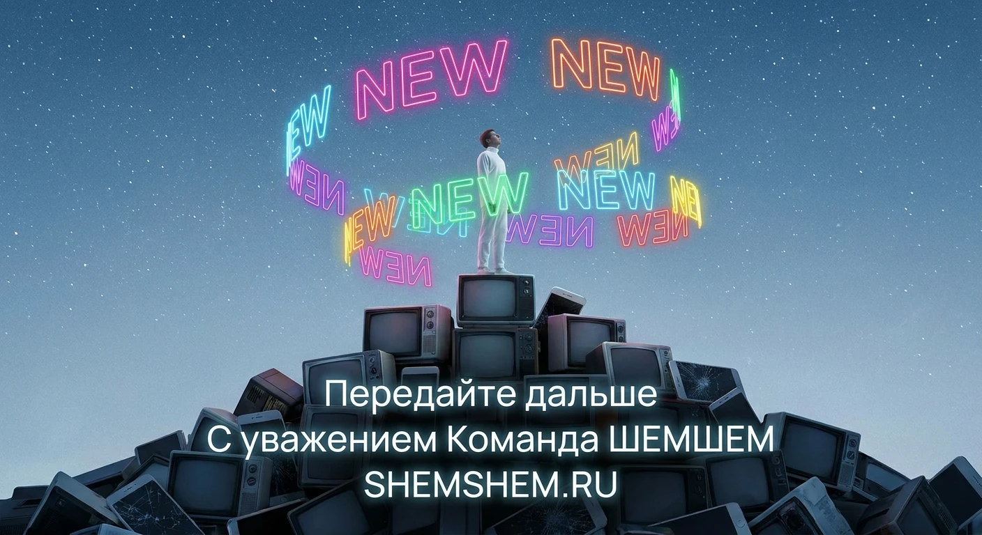 Человек в белой одежде на горе из гаджетов игнорирует неоновые надписи 