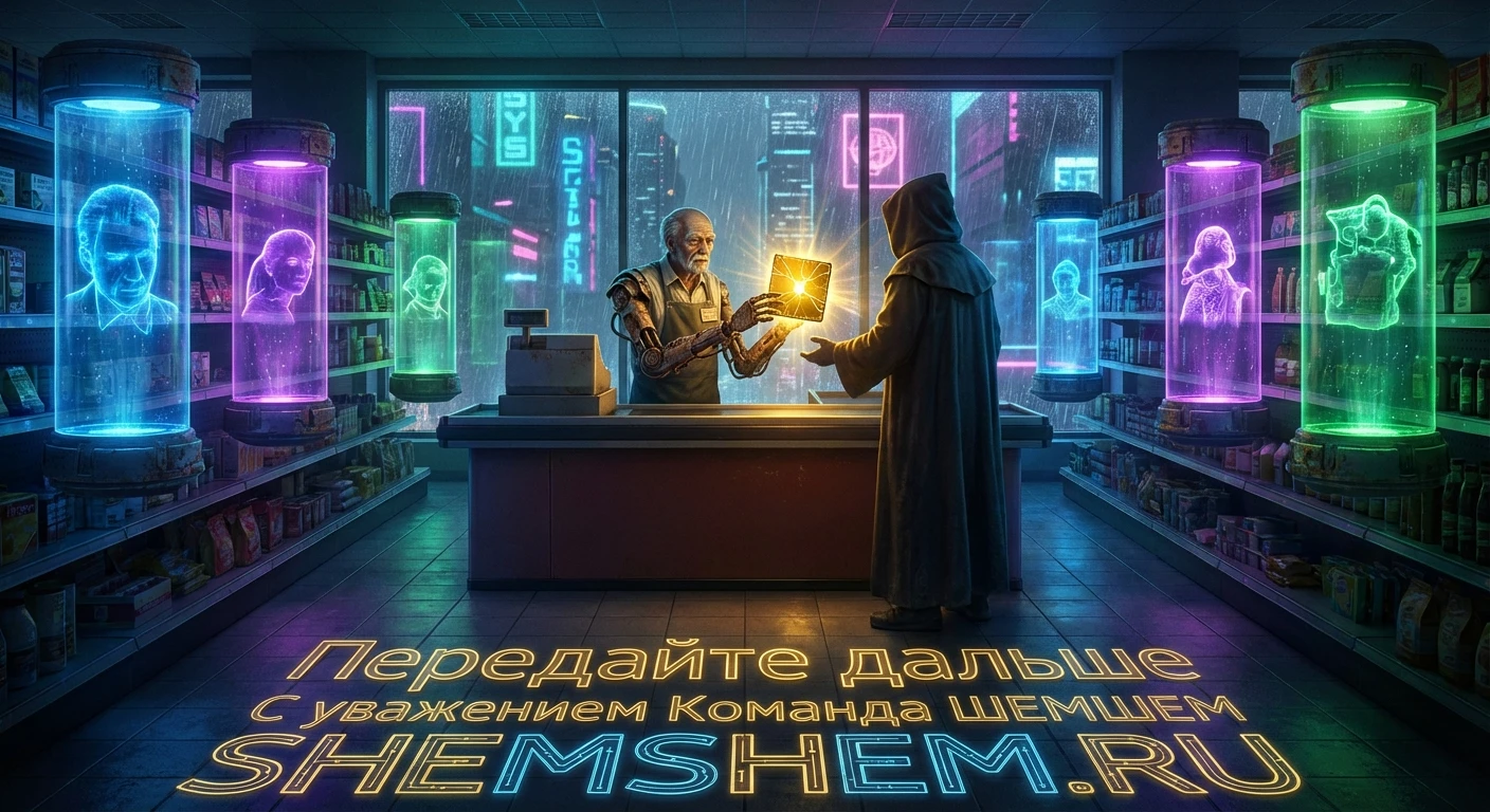 Цифровой арт в стиле киберпанк: прилавок высокотехнологичного магазина, где на полках стоят светящиеся колбы с воспоминаниями