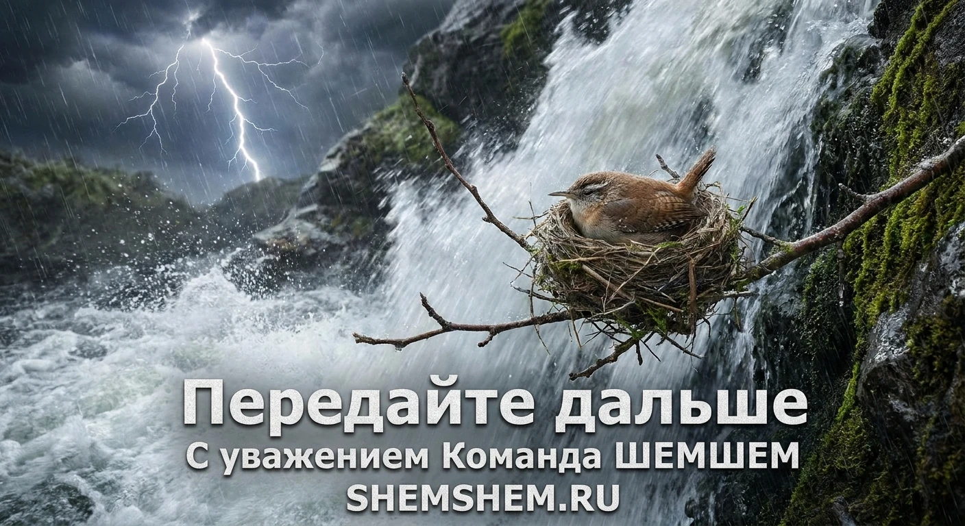 Птица в гнезде у бушующего водопада