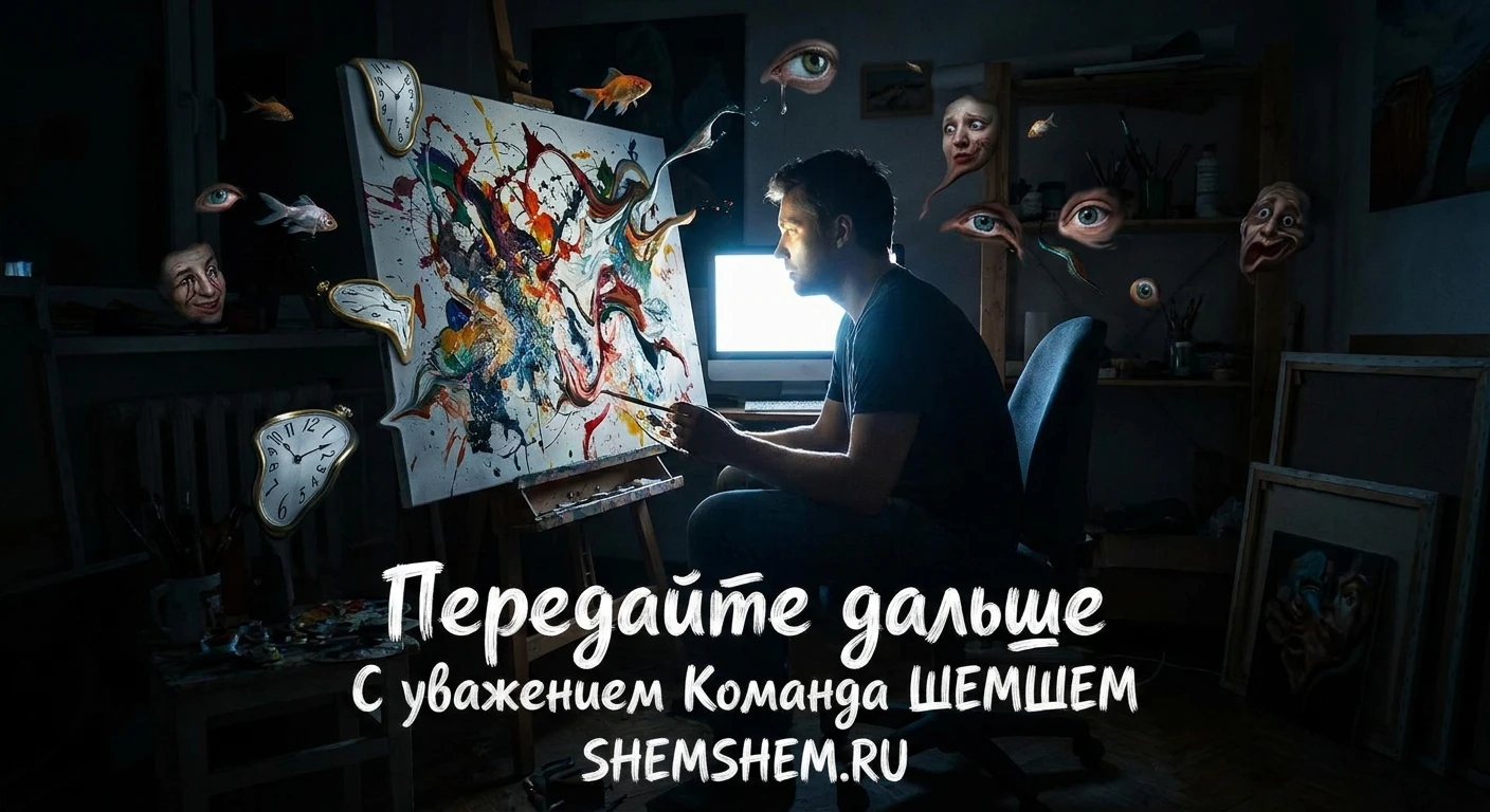 Художник и его хаотичная картина под светом монитора